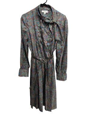 Vintage Tanner Paisley Print Long-Sleeve Dress Matching Belt Scarf Collar Sz 14